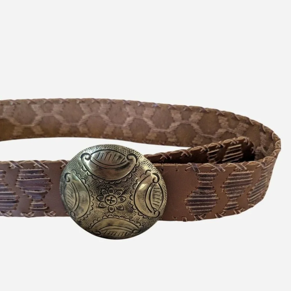 Chico's Brown Embossed Leather Belt Large Brass Concho Buckle OS - Picture 3 of 8